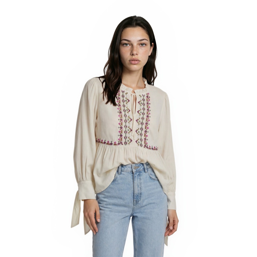Ann Taylor Blouse Women's Size Large Cream Embroidered Peplum Puff Sleeve Top